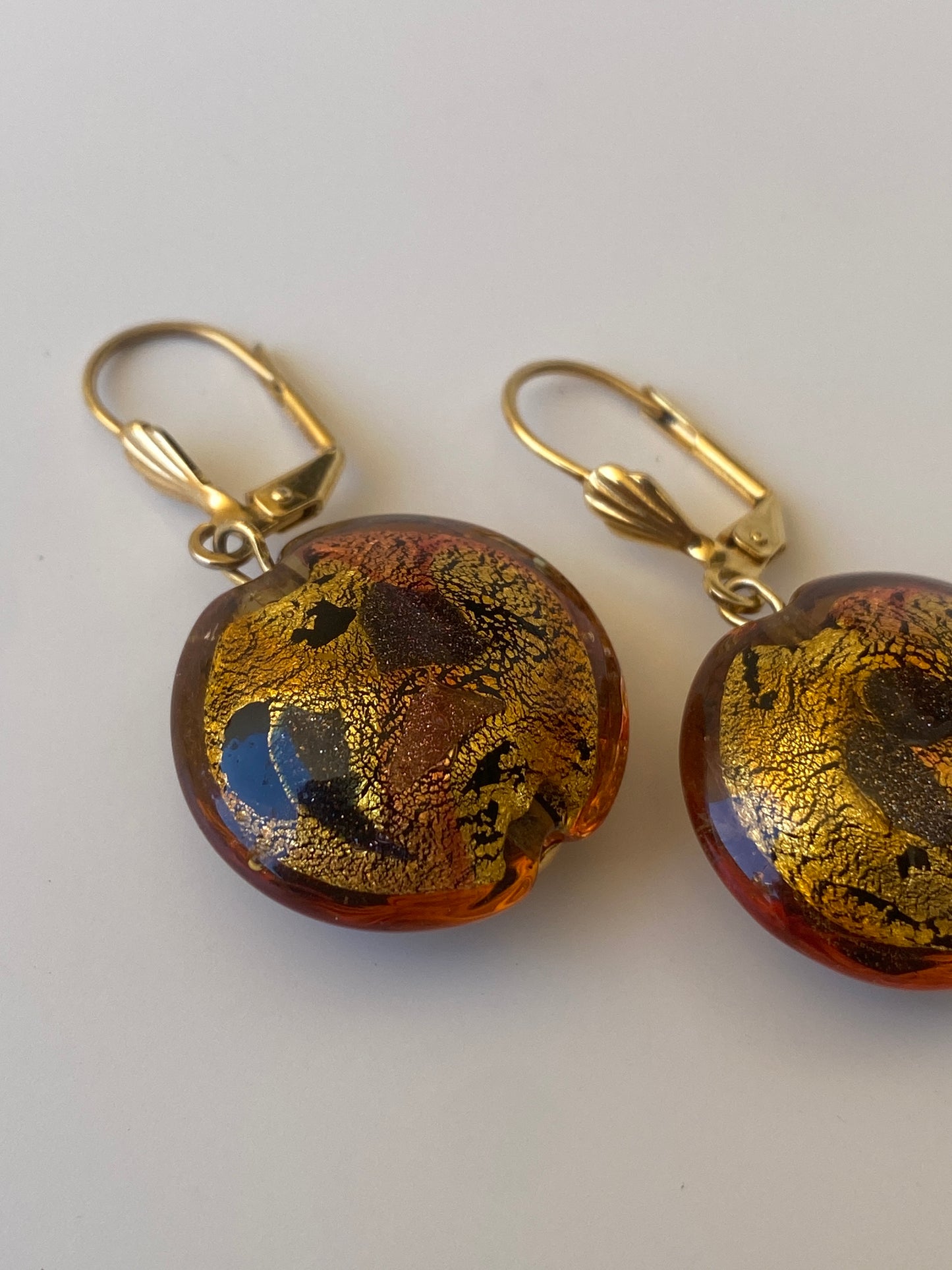 Vintage Murano Style Amber Gold Foil Glass Drop Earrings