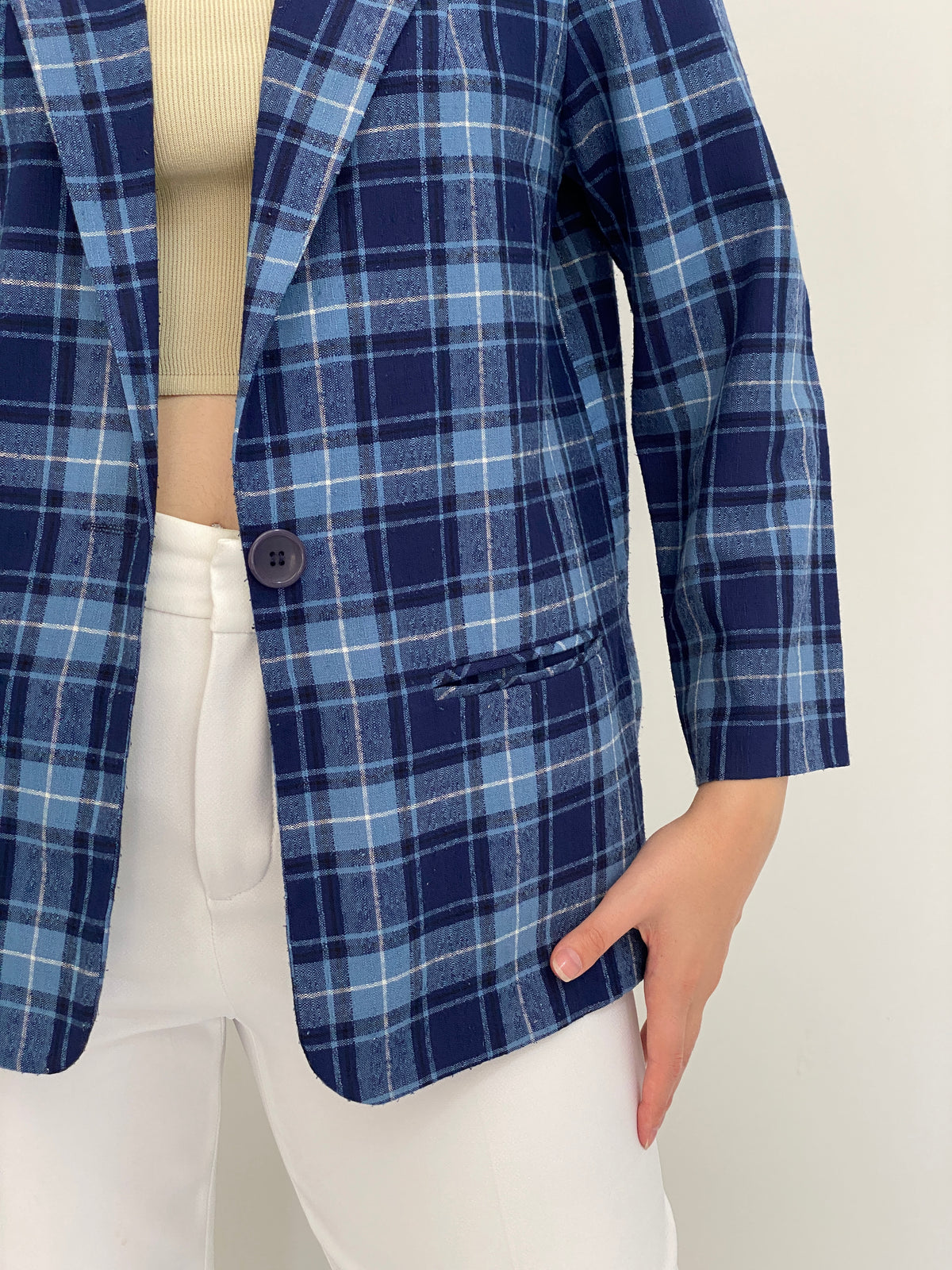 Vintage 90s Modern Essentials Blue Plaid Single-Breasted Blazer - M