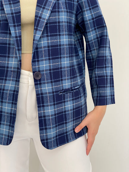 Vintage 90s Modern Essentials Blue Plaid Single-Breasted Blazer - M