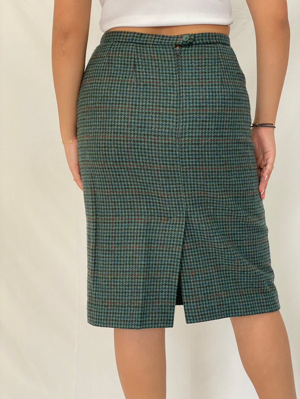 Vintage Handmade Green Plaid Houndstooth Pencil Skirt Classic Knee-Length Skirt - M