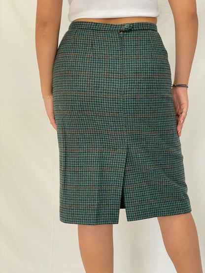 Vintage Handmade Green Plaid Houndstooth Pencil Skirt Classic Knee-Length Skirt - M