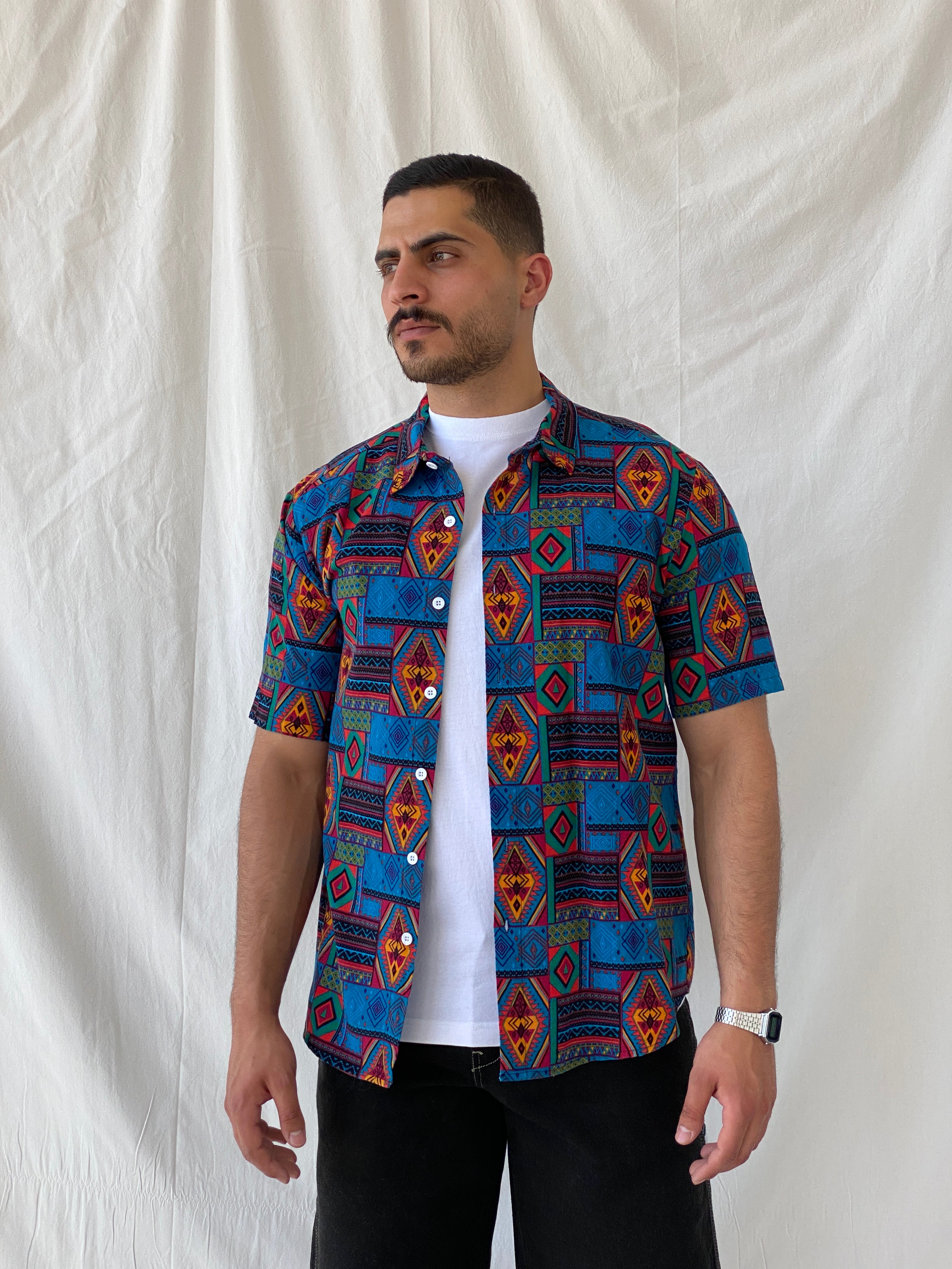 Vintage Aztec Tribal Blue Multi-Color Men’s Short Sleeve Shirt - L