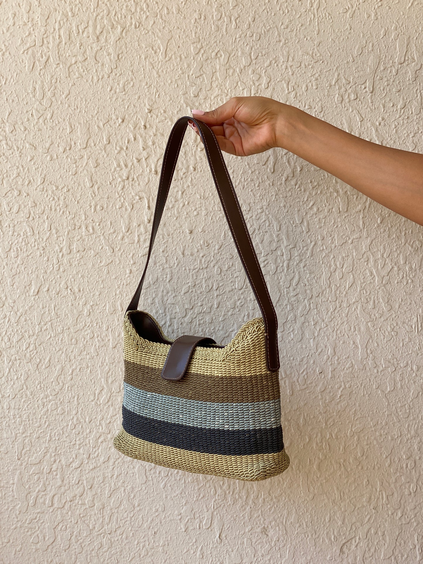 Vintage Y2K Liz Claiborne Neutral Striped Woven Shoulder Bag