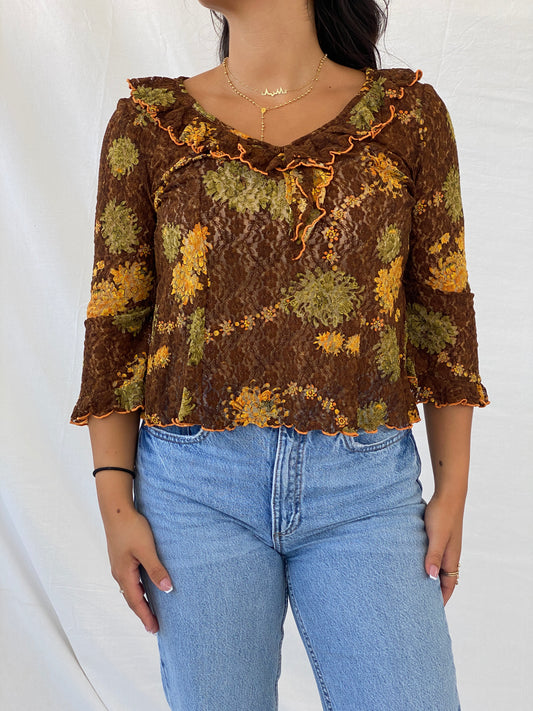 Vintage Handmade Lace Floral Brown 3/4 Sleeve Top - M