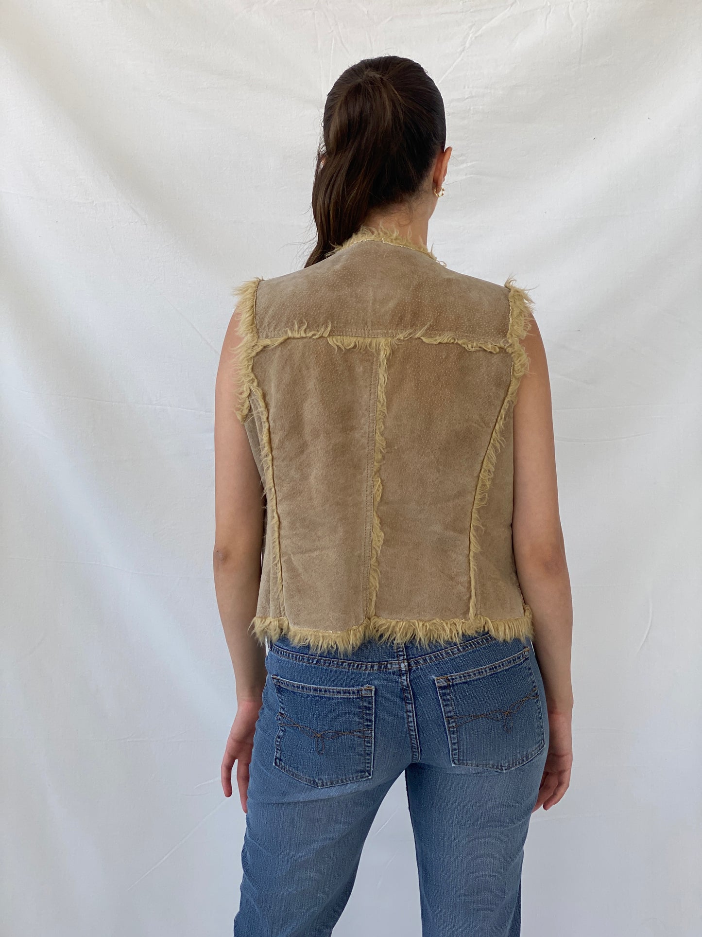 Vintage Live A little Fur Lined Suede Embellished Western Vest - L