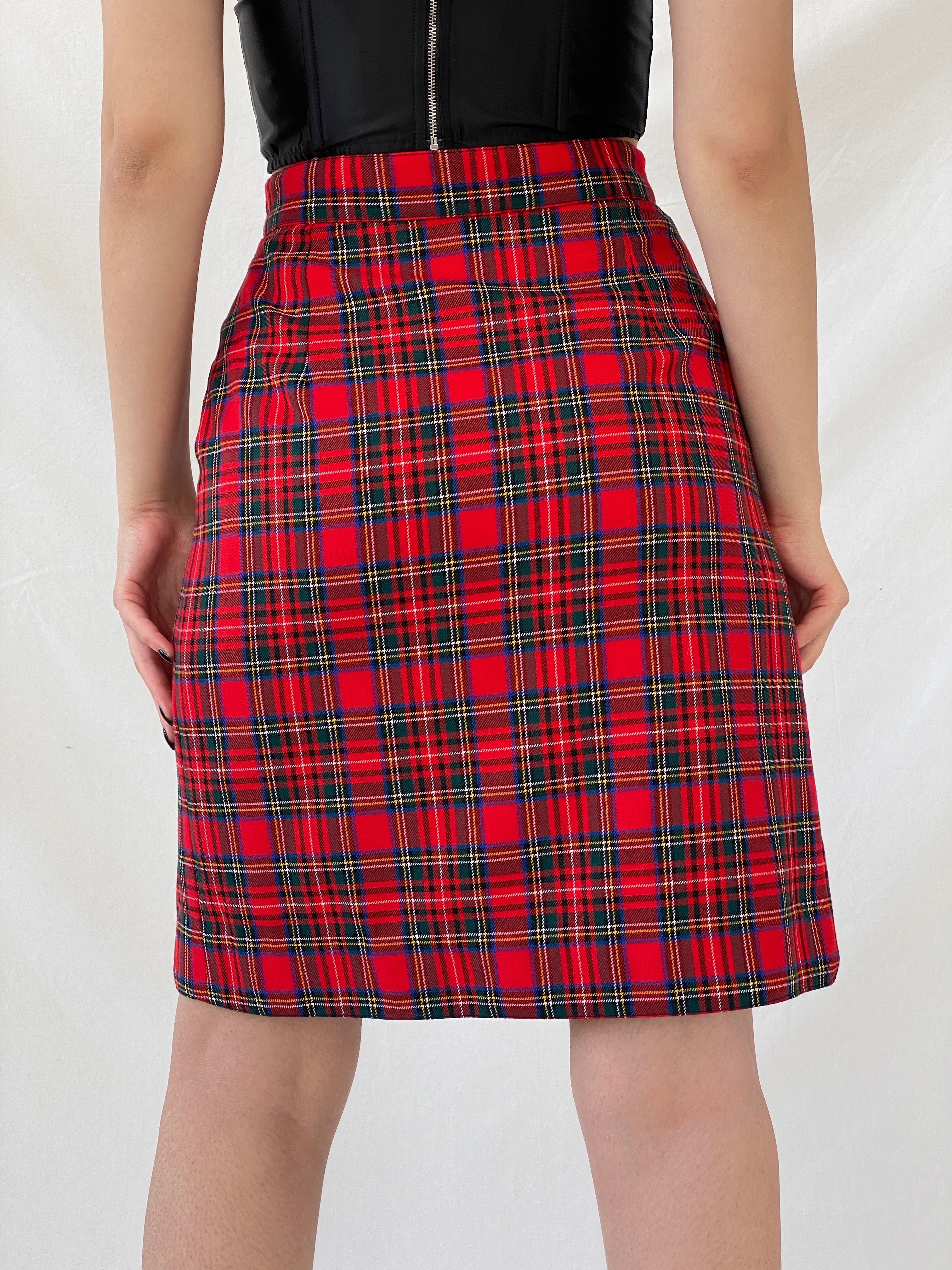 Vintage Scarlett Plaid Red Tartan Midi Button Front Skirt - M