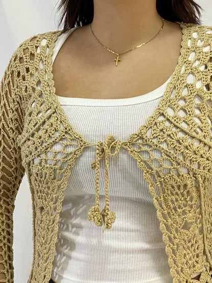 Vintage Beige Crochet Tie-Front Long Sleeve Open-Knit Cardigan – M