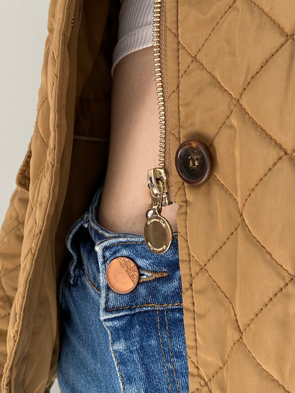 Massimo Dutti Camel Quilted Riding Jacket Fitted Equestrian Diamond Stitch Jacket - S