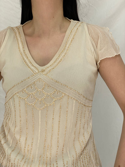 Vintage Y2K BHS Cream Beaded Mesh Top Sheer Sequin Embellished Blouse - L