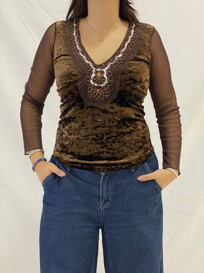 Vintage Brown Beaded Velvet Whimsy Top with Mesh Sleeves – S
