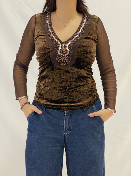 Vintage Brown Beaded Velvet Whimsy Top with Mesh Sleeves – S