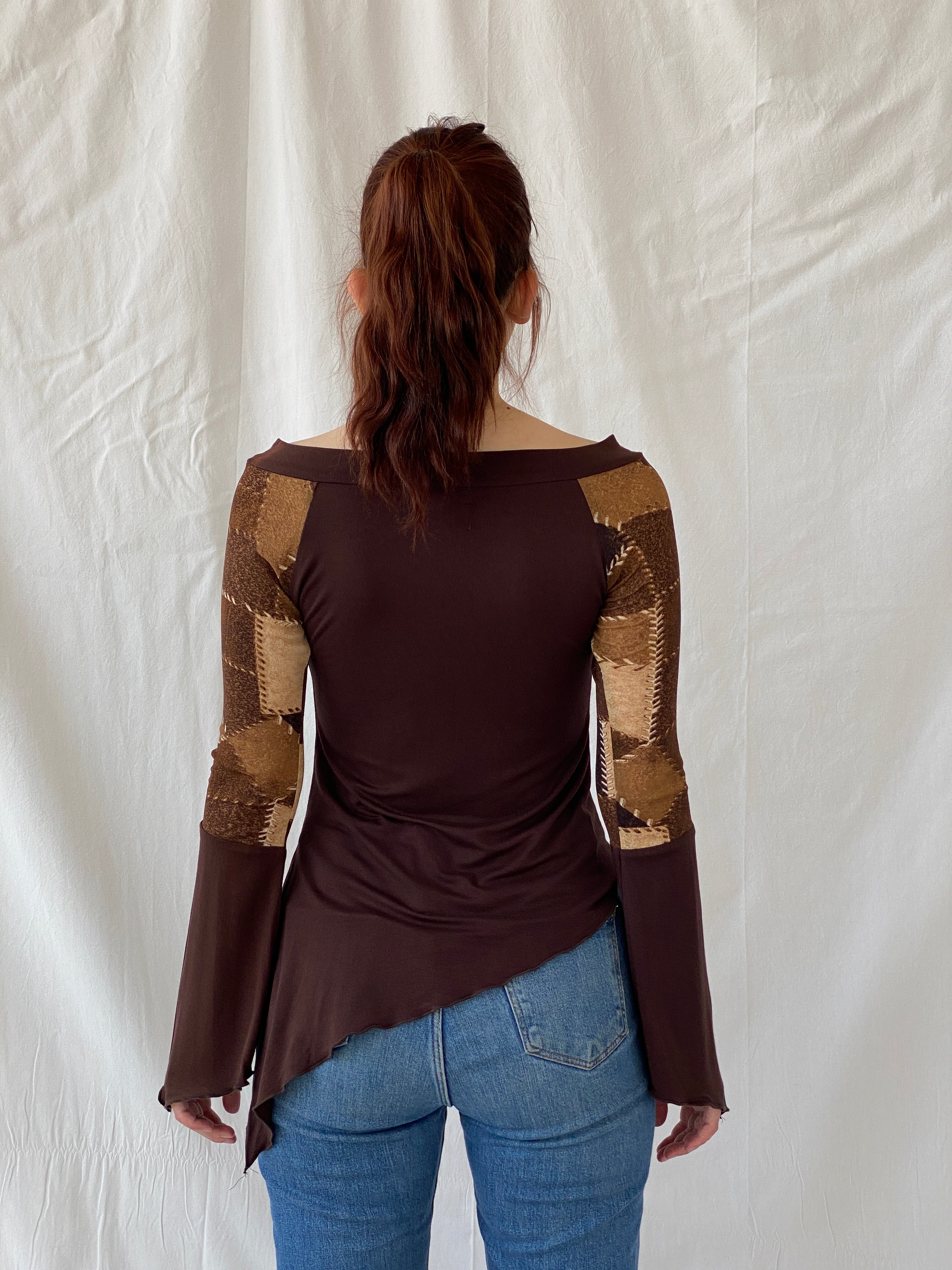 Vintage Natasiana Brown Flared Long Sleeve Asymmetric Women’s Top - S