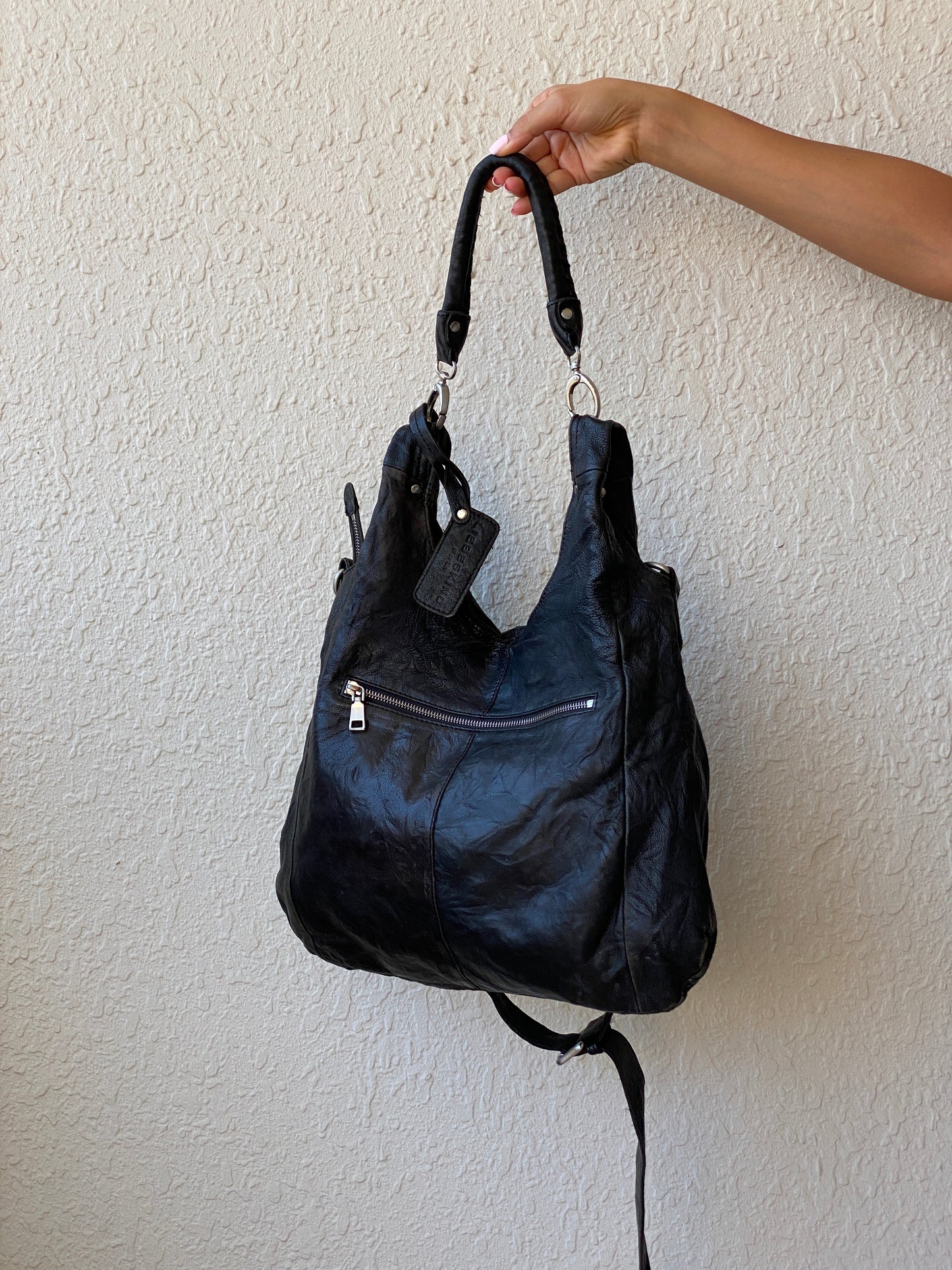 Liebeskind Berlin Distressed Black Leather Multi-Pocket Hobo Bag