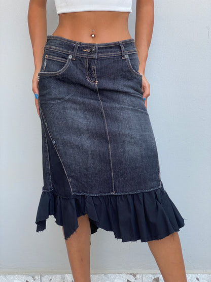 Y2K Mexx Dark Wash Denim Ruffle Midi Skirt Whimsigoth Hem – XS