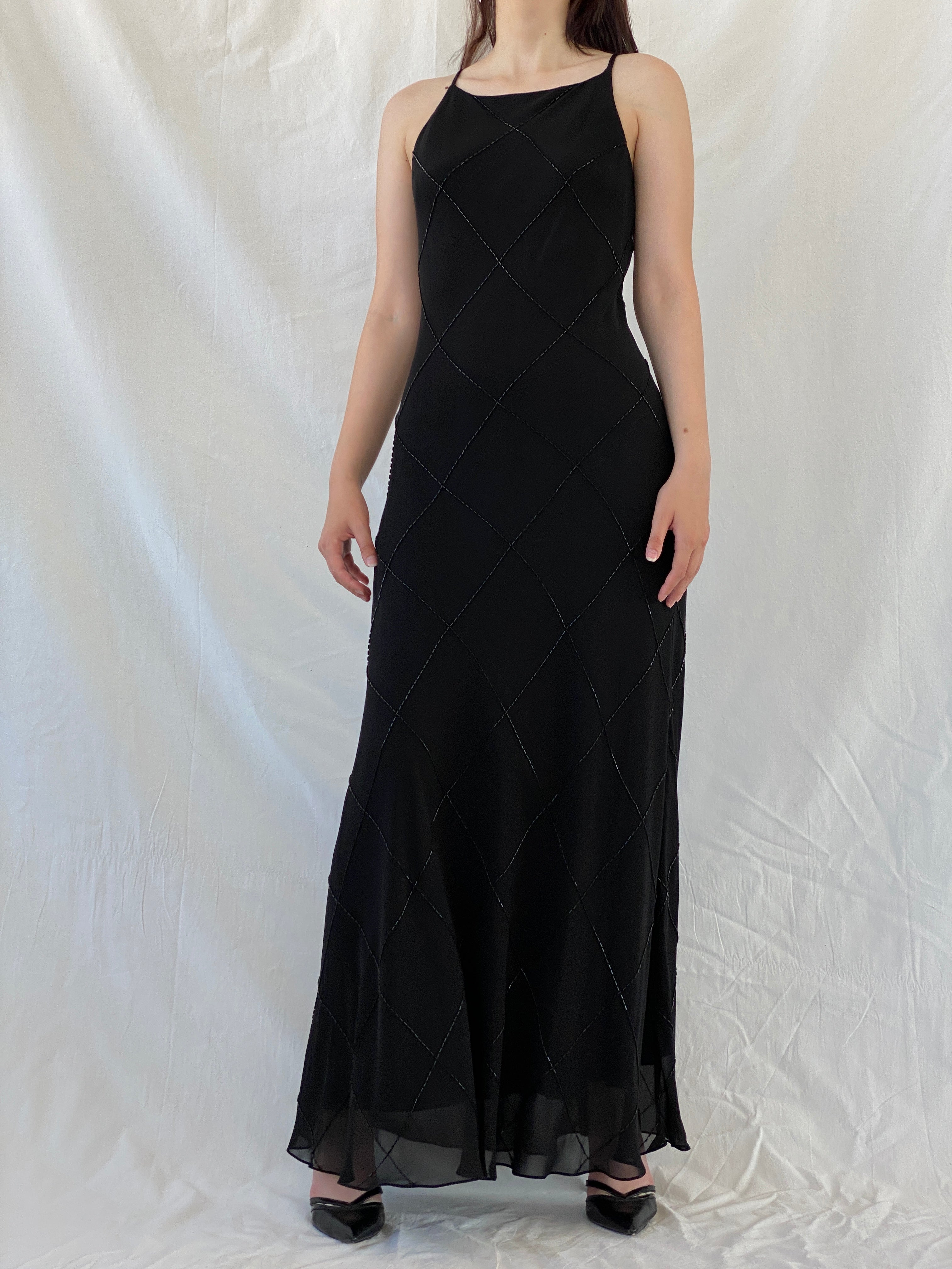 Vintage Jones New York Black Beaded Evening Gown 90s Formal Slip Dress - M