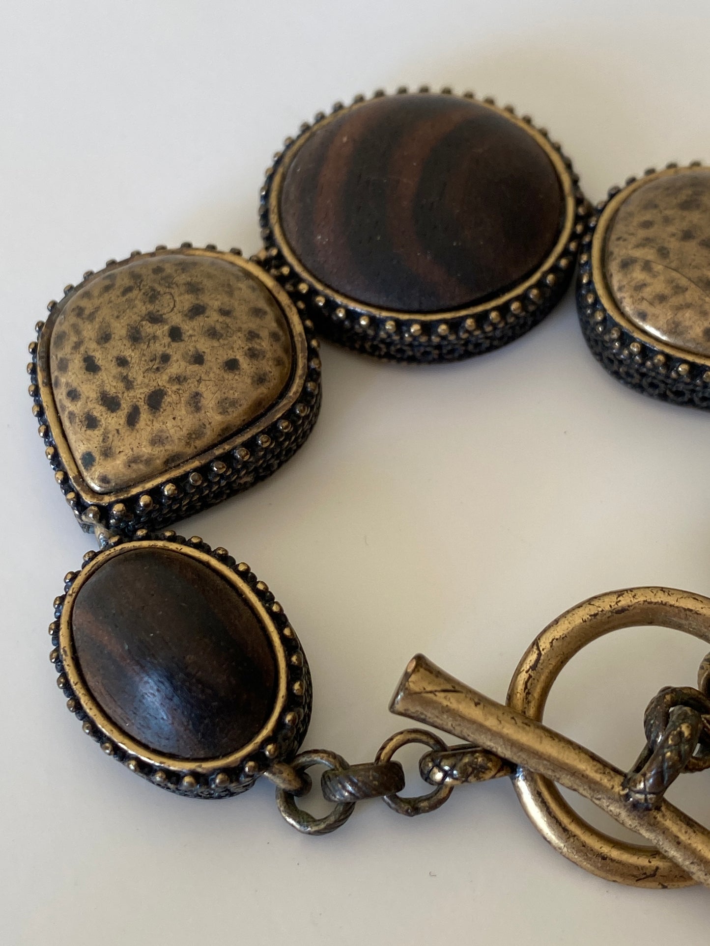 Vintage Lucky Brand Boho Wood & Brass Bracelet Toggle Clasp Ethnic Statement Jewelry