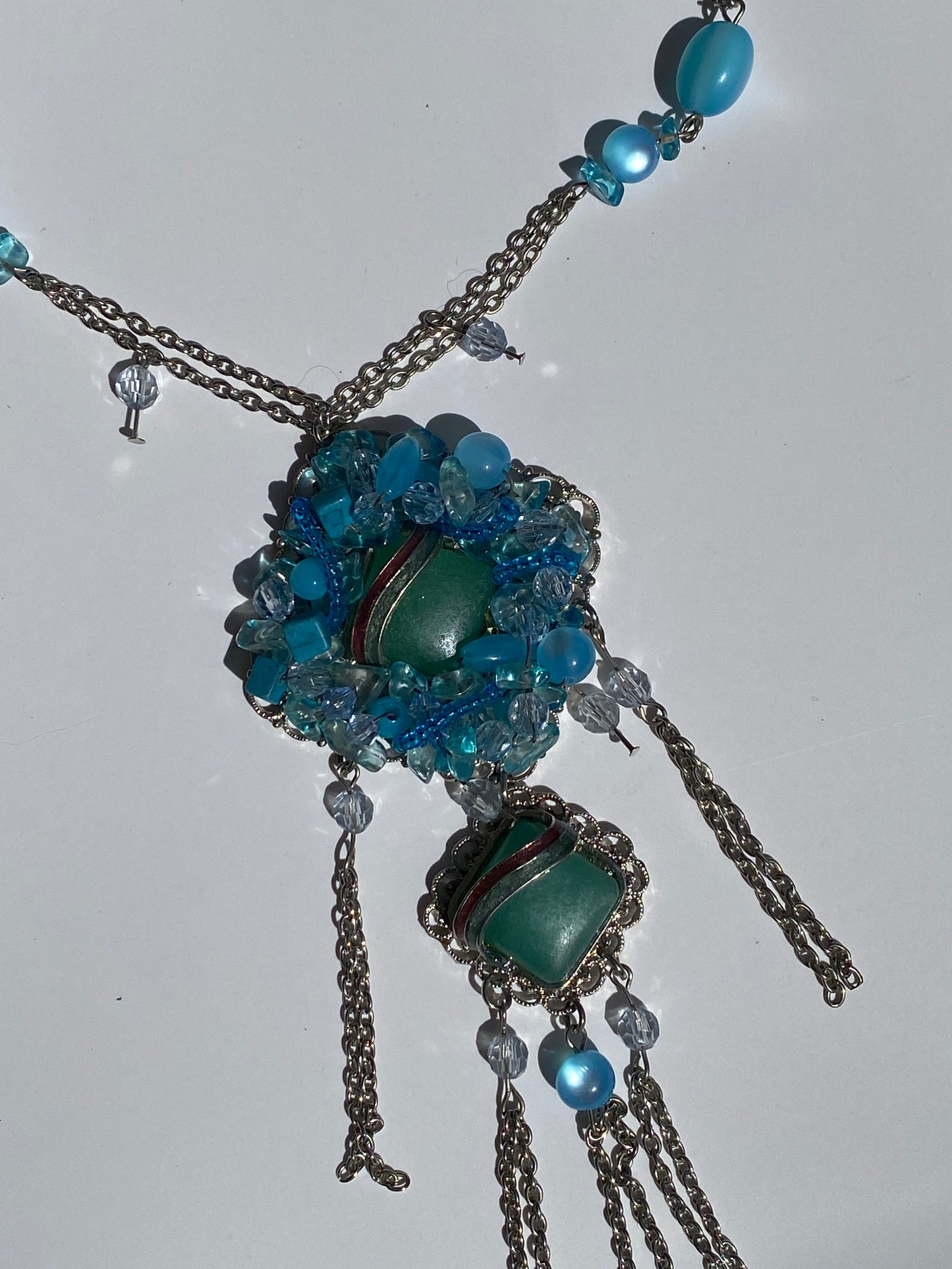 Vintage Y2K Blue Beaded Silver Tone Fringe Pendant Necklace