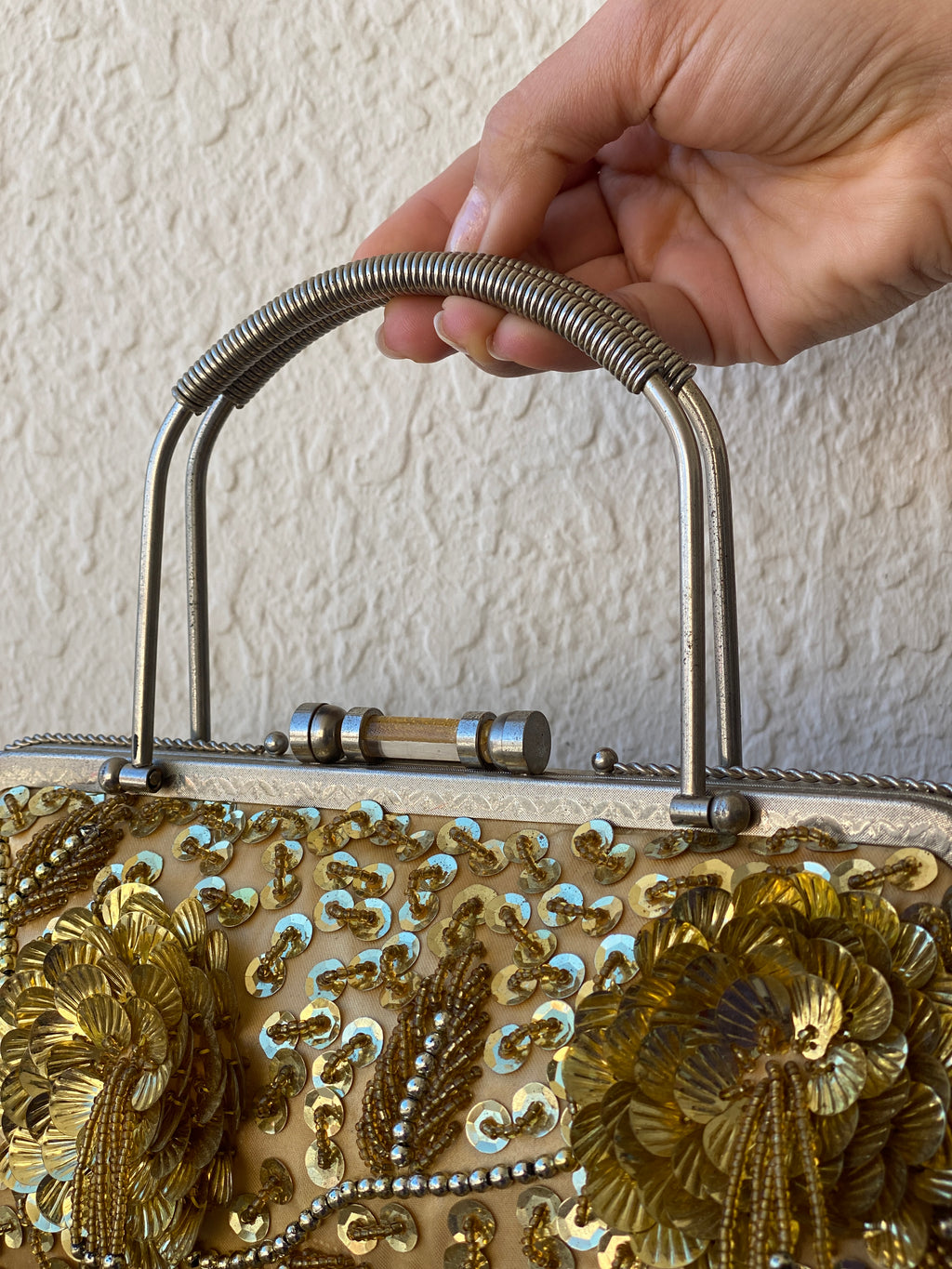 Vintage Gold Beaded Evening Clutch Sequined Metal Handle Bag