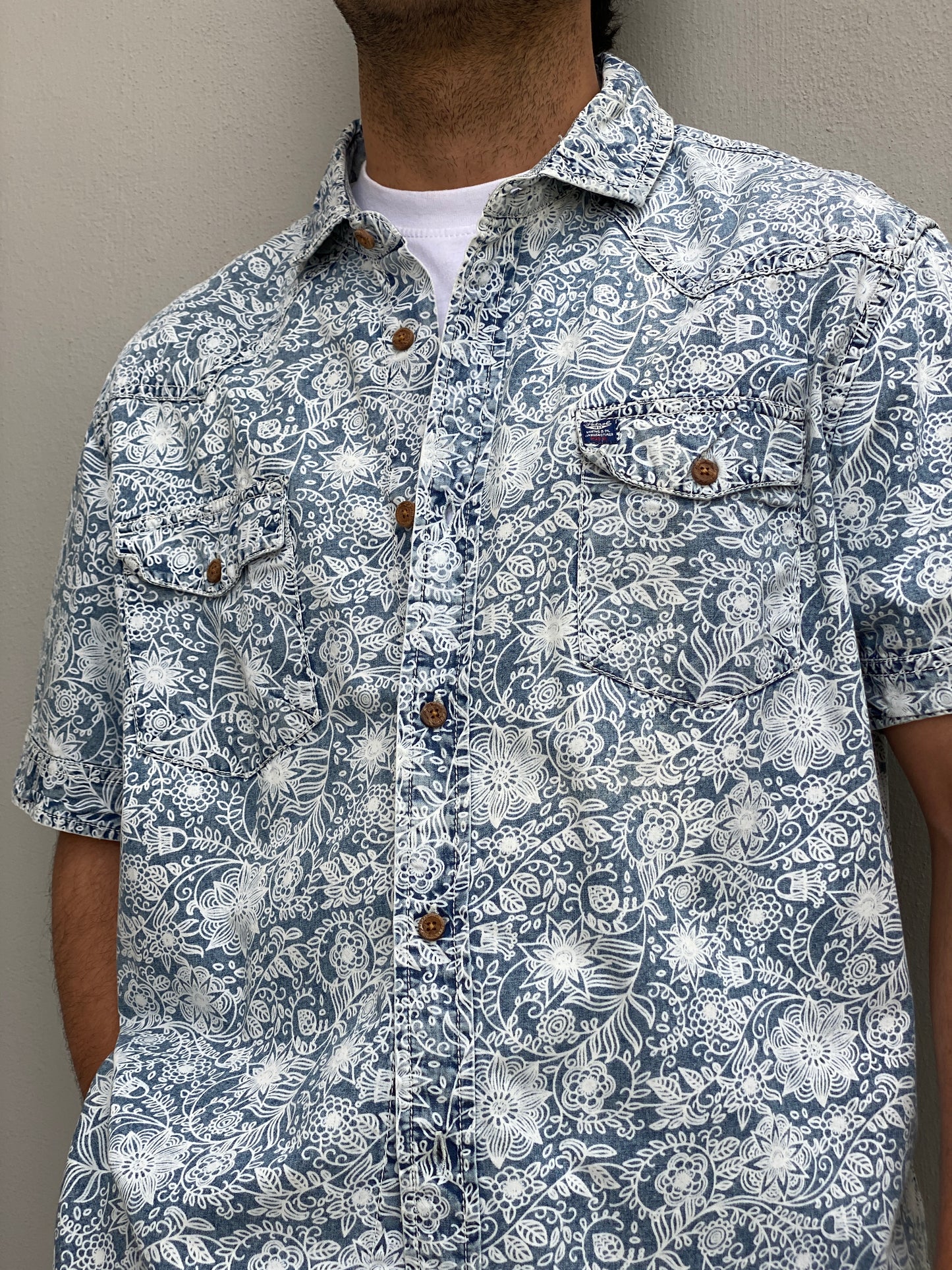 Vintage Petrol Industries Blue Floral Workwear Short Sleeve Men’s Shirt – 2XL