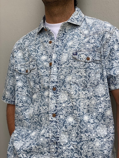 Vintage Petrol Industries Blue Floral Workwear Short Sleeve Men’s Shirt – 2XL