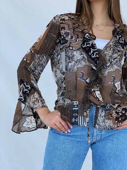 Vintage Sheer Boho Print Brown Cardigan Top - Size M - Balagan Vintage Cardigan 90s, cardigan, Juana, NEW IN, sheer, sheer shirt