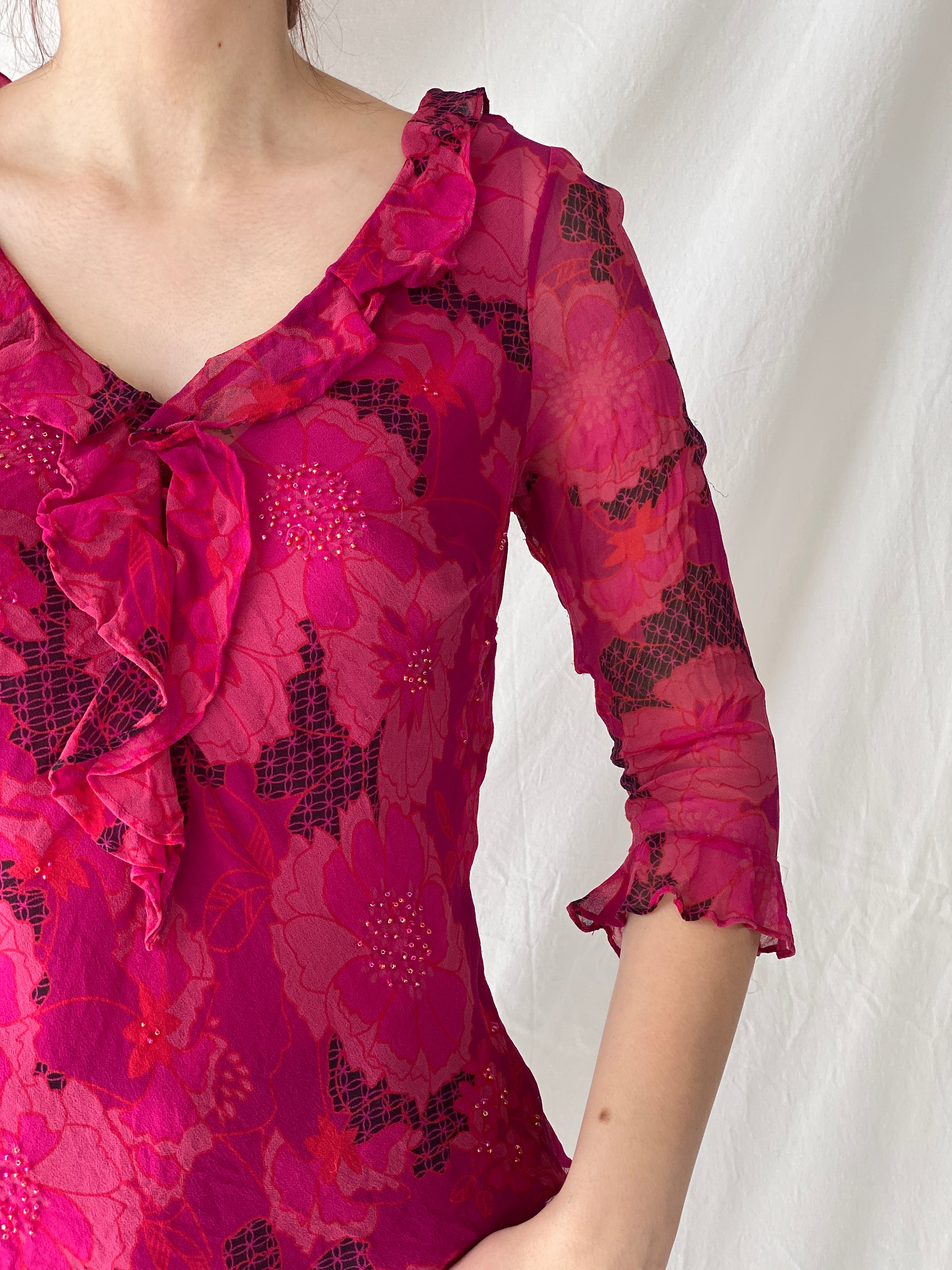 Beautiful Vintage E C I New York Floral Pink Beaded Silk Ruffle See Through Blouse - M