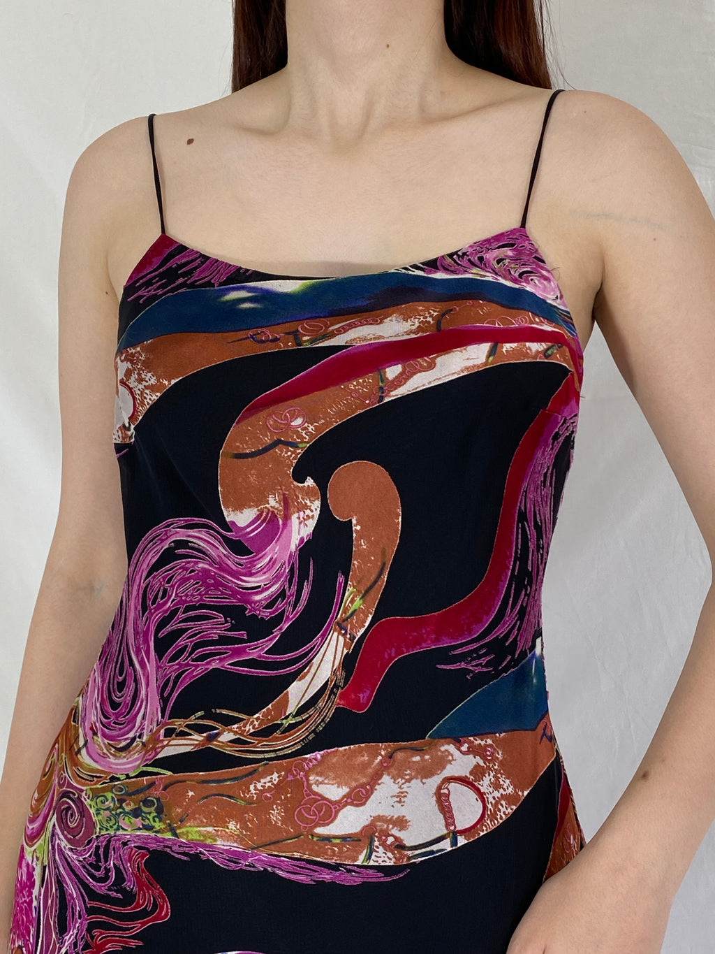 Vintage 90s Abstract Psychedelic Slip Swirl Midi Party Dress - M