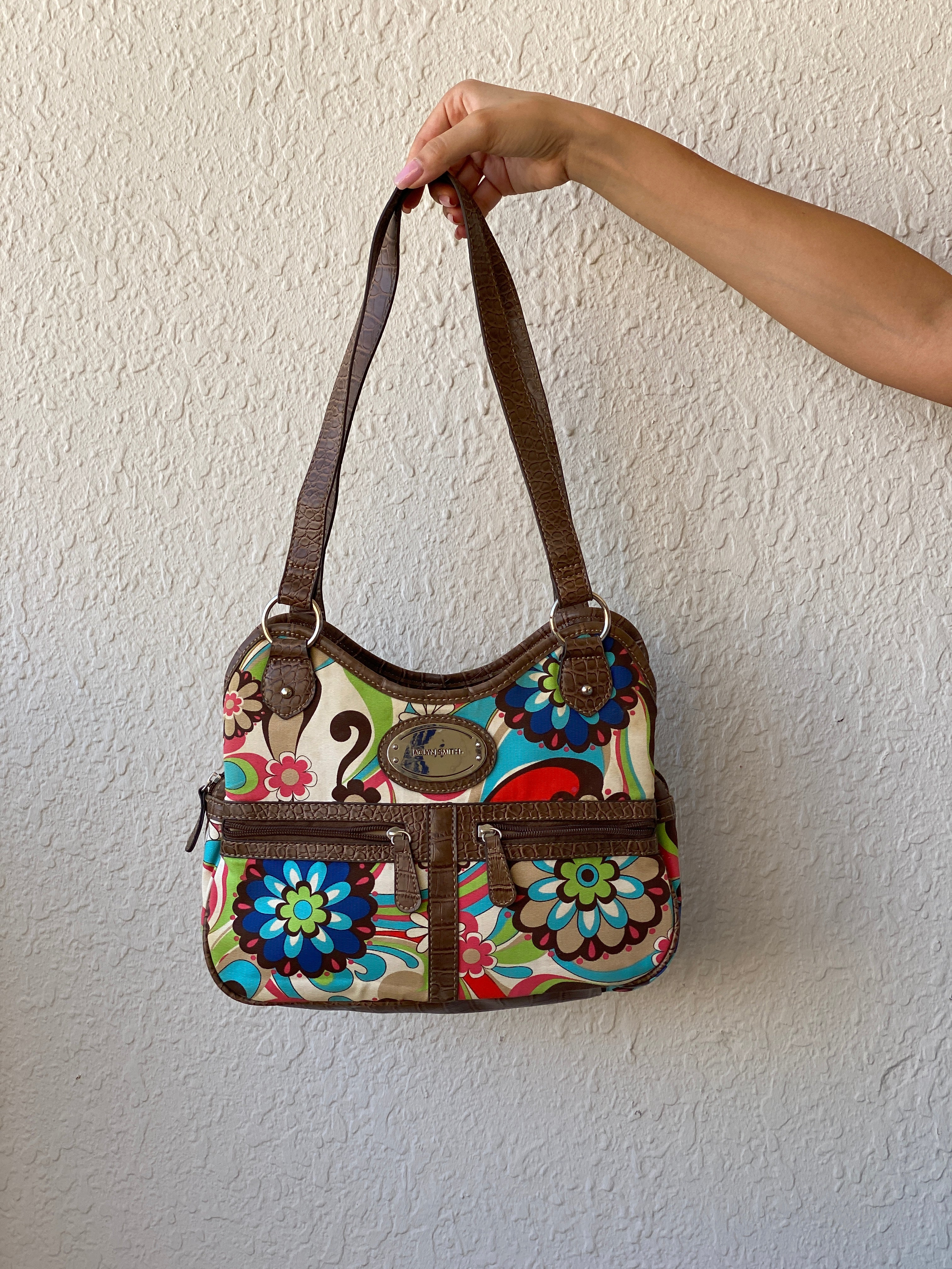 Y2K Jaclyn Smith Faux Leather Floral Colorful Shoulder Bag