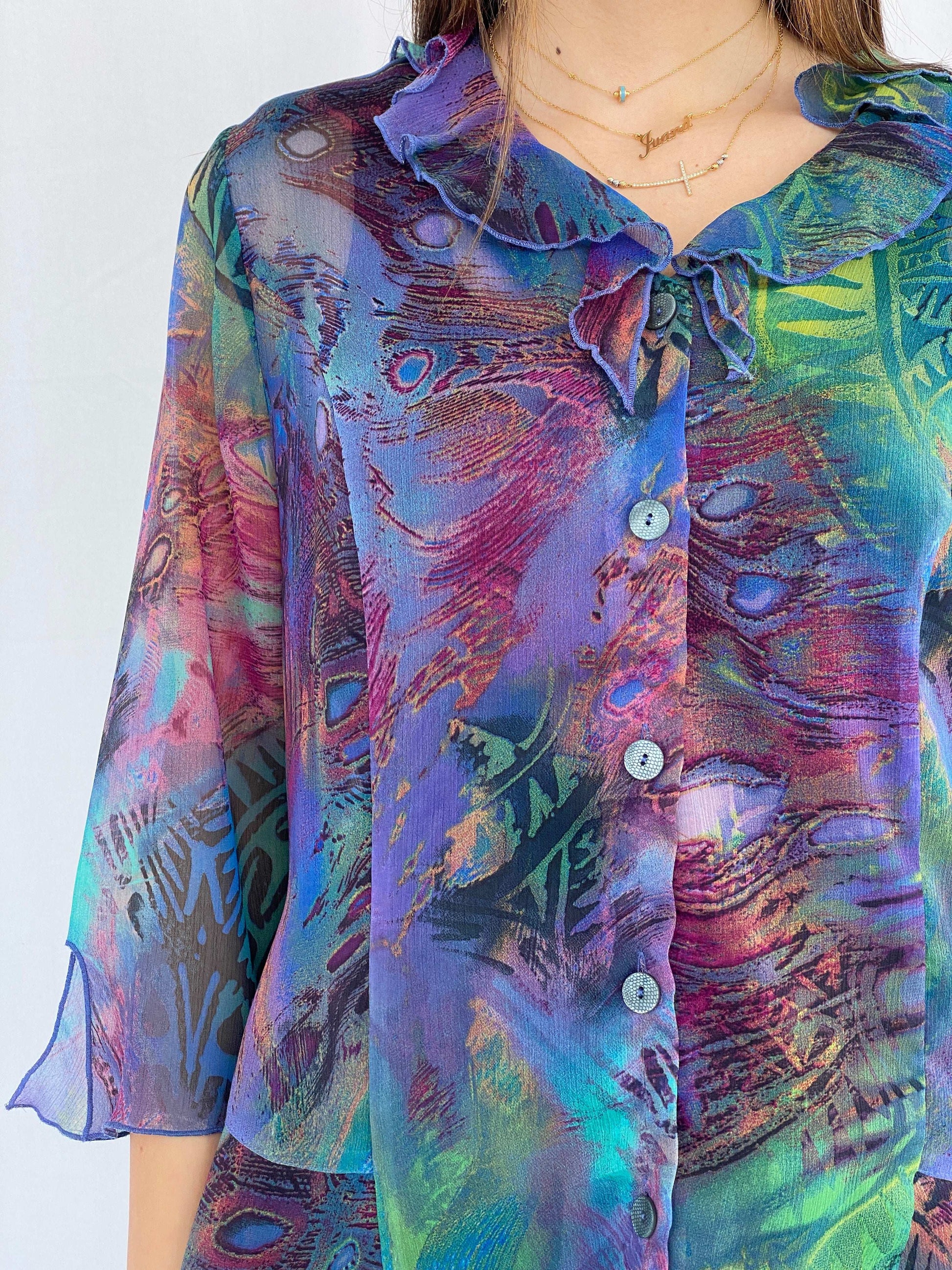 Vintage Lisa Chesnay Printed Sheer Shirt - Size XL - Balagan Vintage Full Sleeve Shirt 90s, full sleeve shirt, Juana, NEW IN, sheer shirt, women skirt