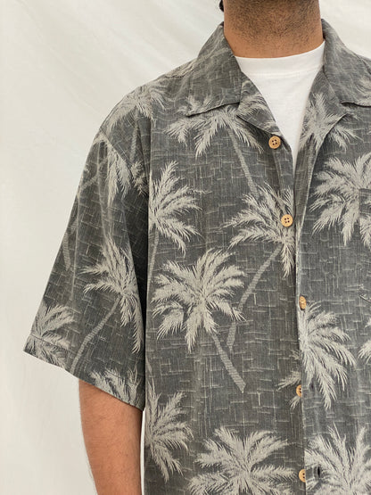 Vintage Jamaica Jaxx Grey Palm Tree Silk Men’s Vacation Shirt – L