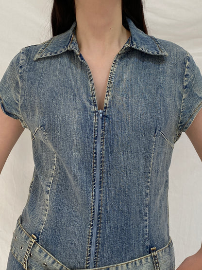 Vintage Y2K X-Mail Belted Zip Front Short Sleeve Denim Dress – M