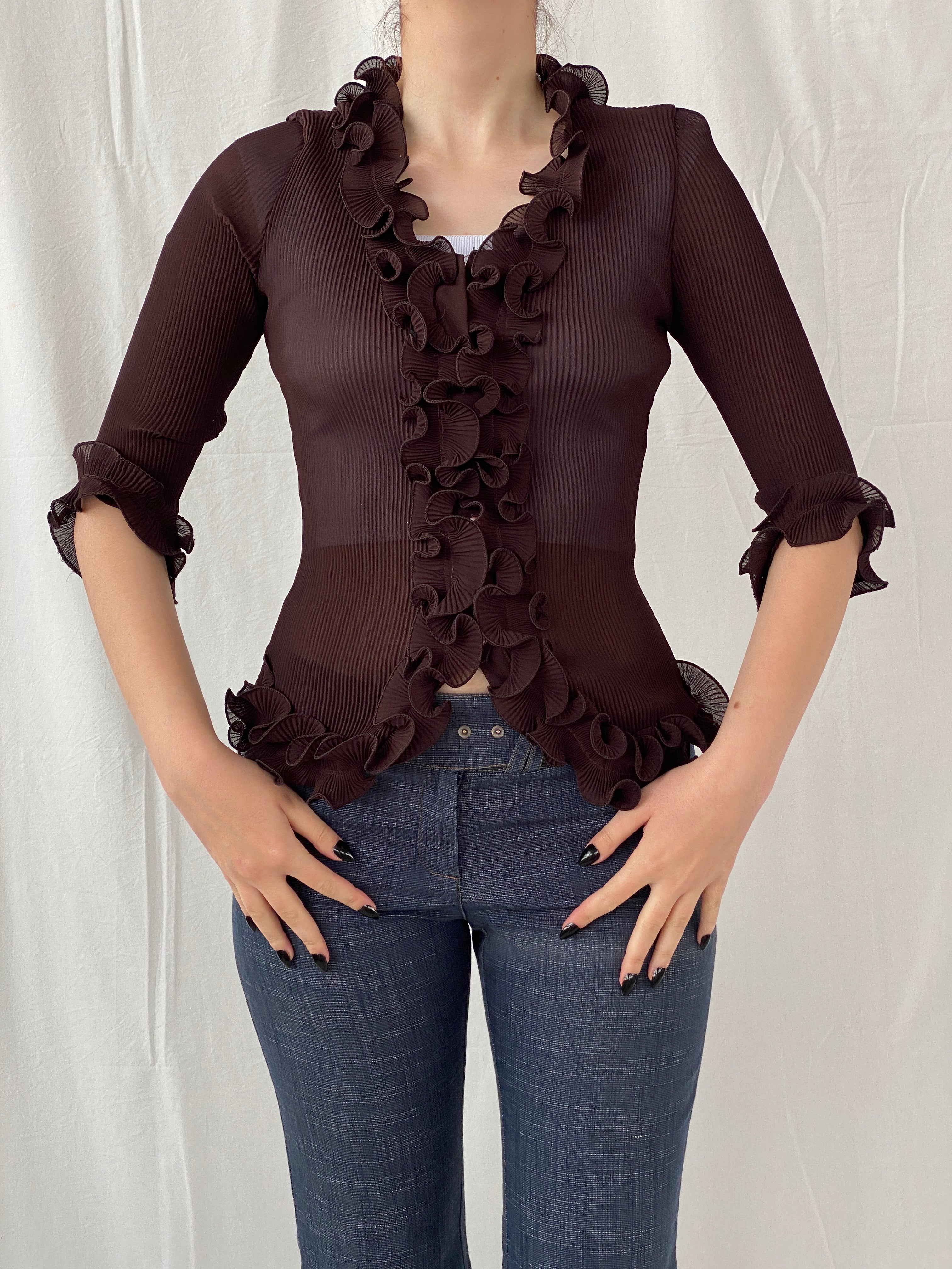 Y2K Fix Chung Ruffled Blouse Sheer Ribbed Brown Women’s Shirt - M
