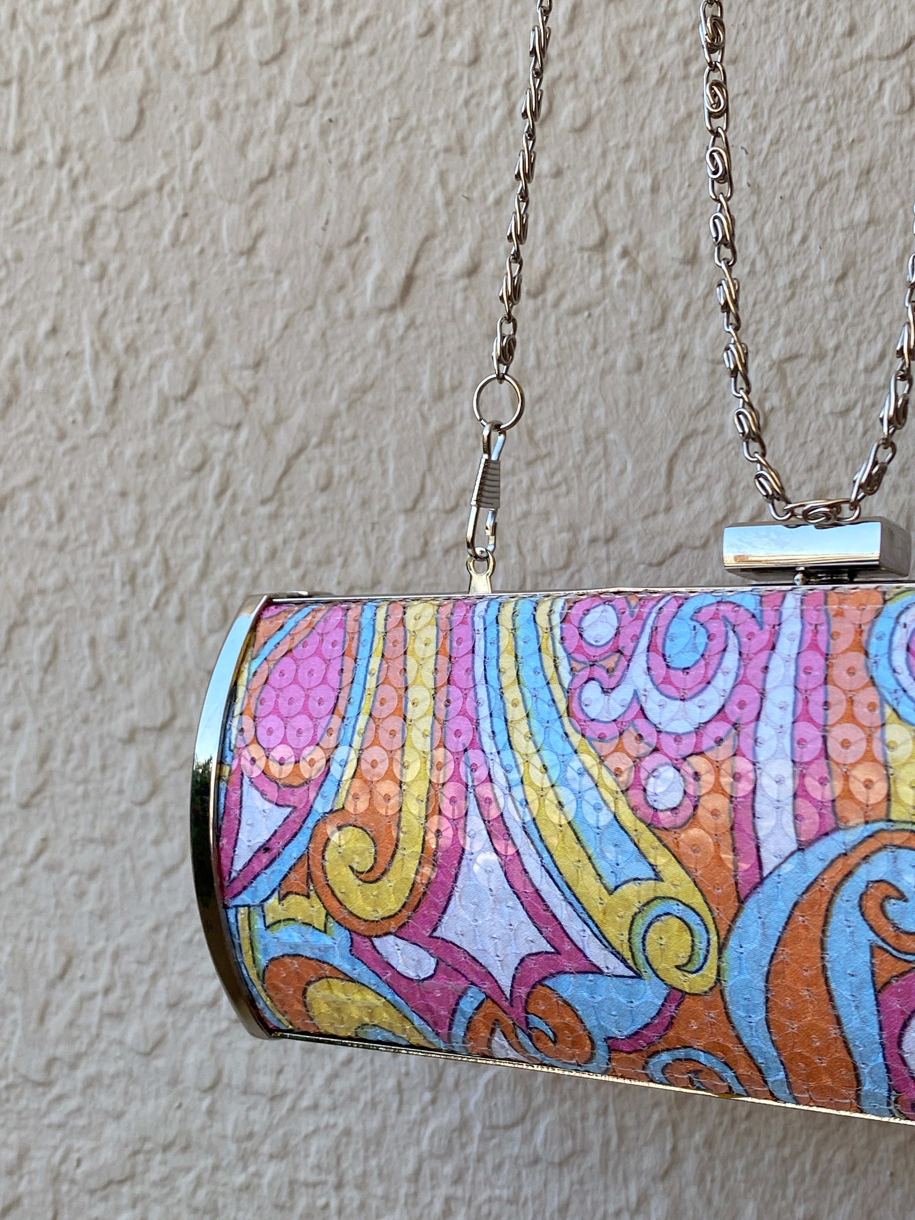 Multicolor Sequined Groovy Silver Hardware Party Clutch