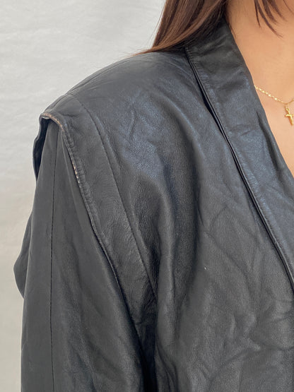 Vintage 80s Greek Kelesidi Leather Bomber Jacket Black Power Shoulder Blazer - M