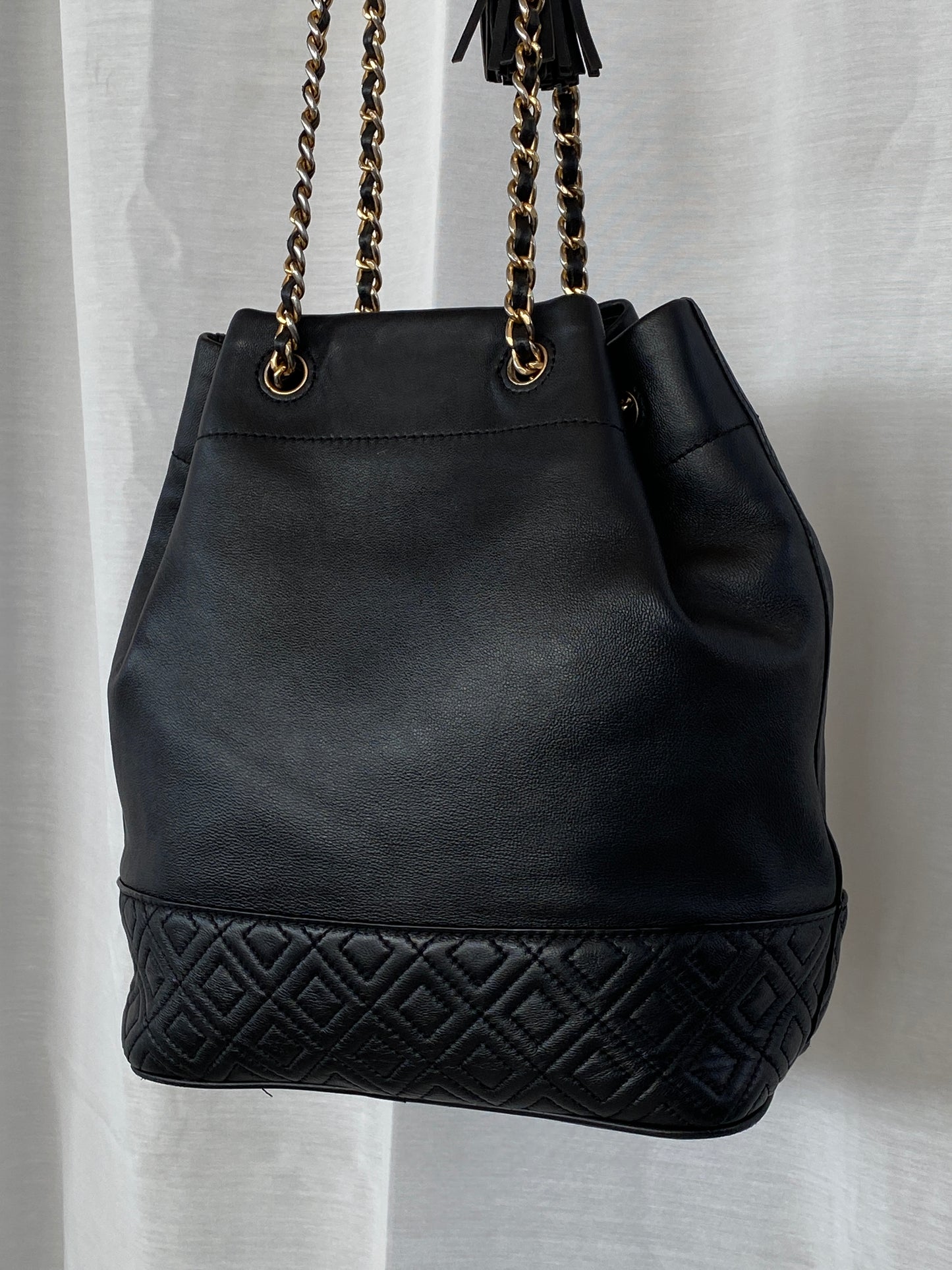 Tory Burch Black Leather Fleming Mini Bucket Chain Shoulder Bag