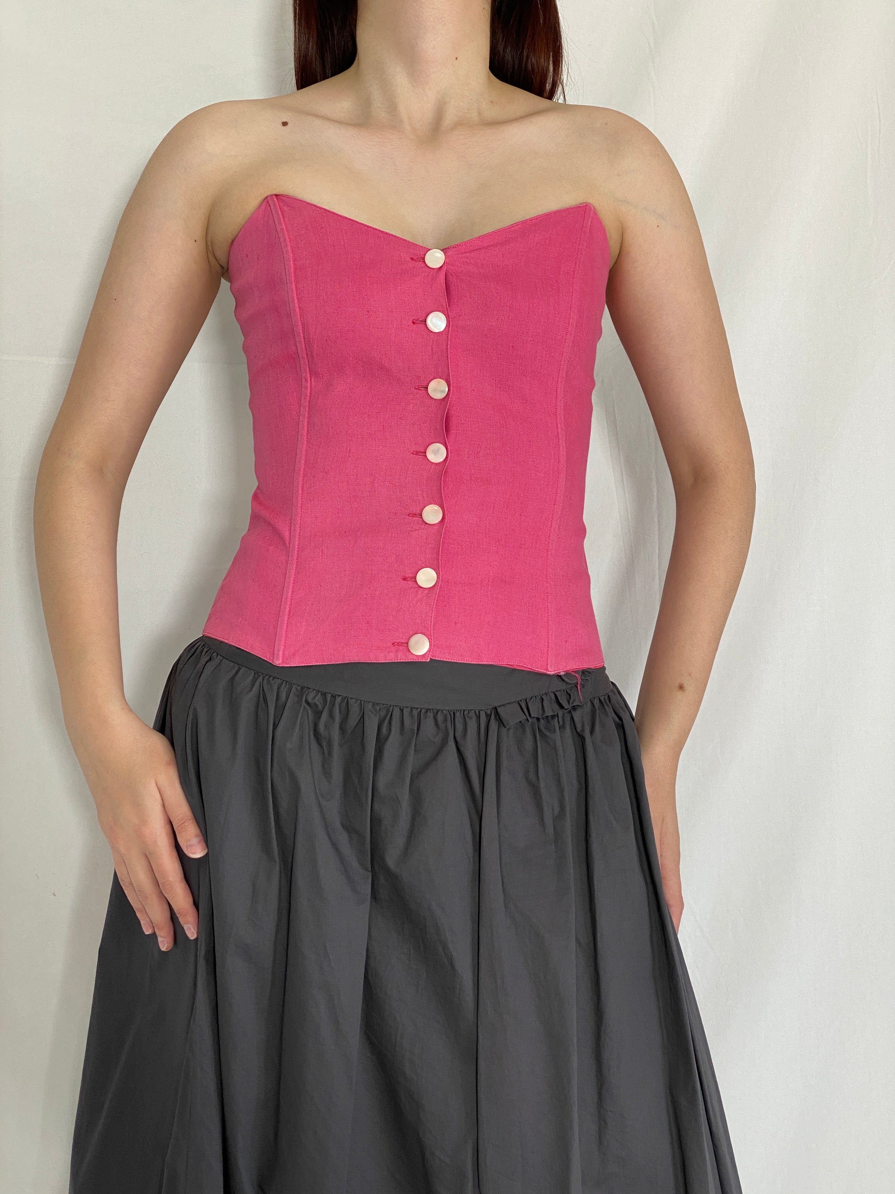 بلوزة كورسيه من الكتان الإيطالي باللون الوردي من Vintage I BLUES مع زر للإغلاق - مقاس صغير