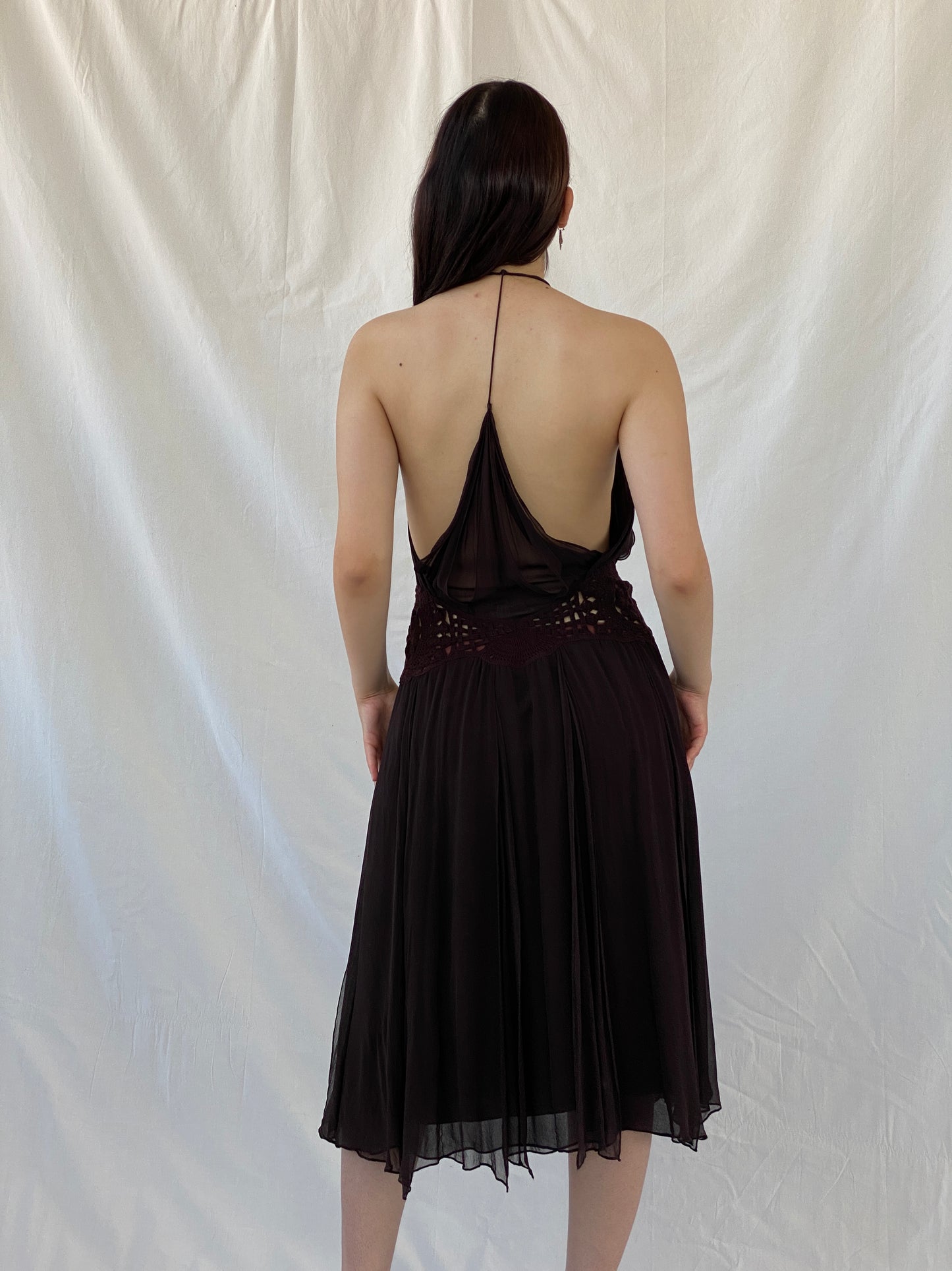 Gorgeous Max Azria Collection Silk Halter Midi Dress with Crochet Waist Detail - M