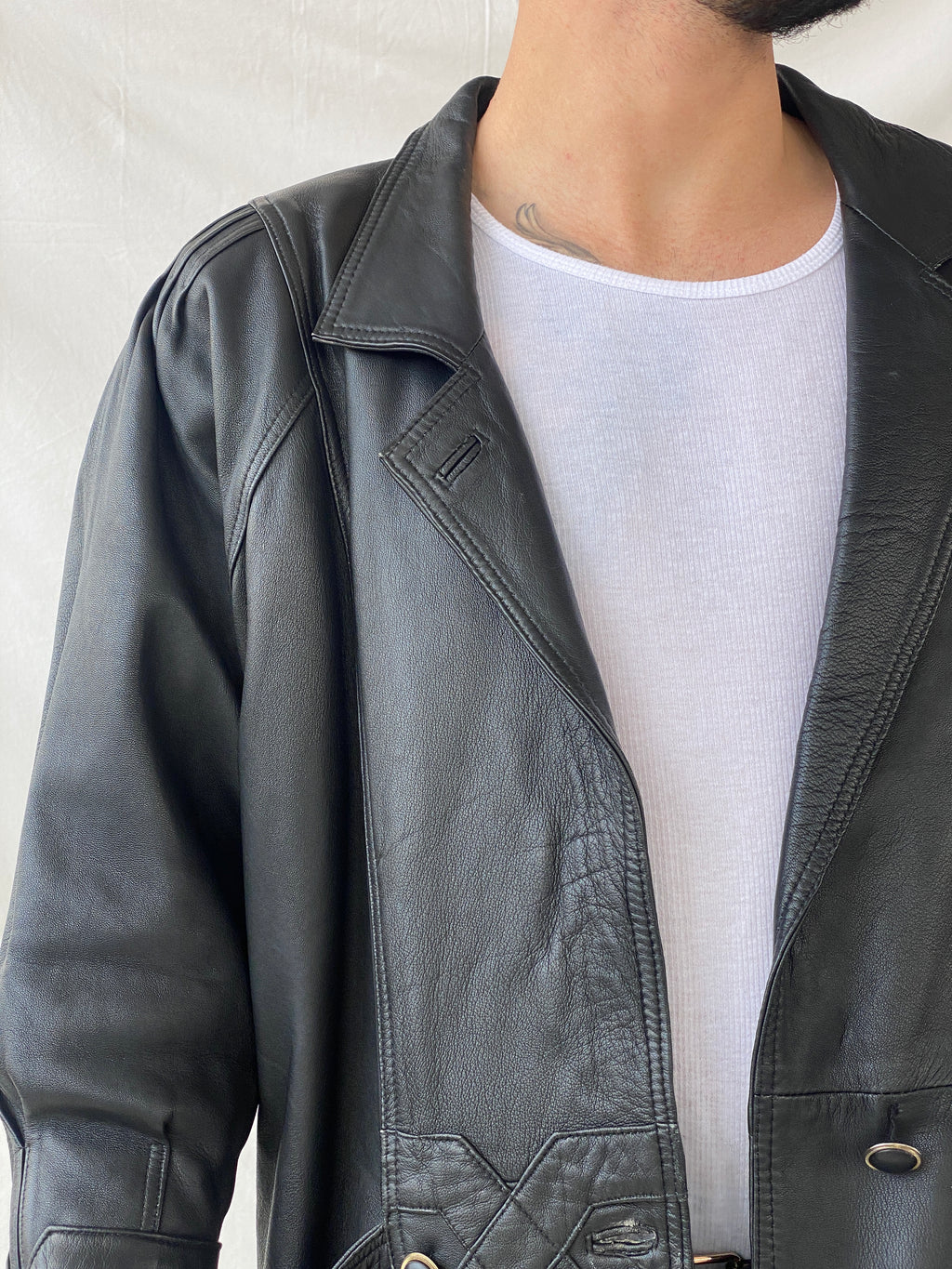 Statement 90s Vintage Genuine Italian Black Leather Coat with Geometric Details - L