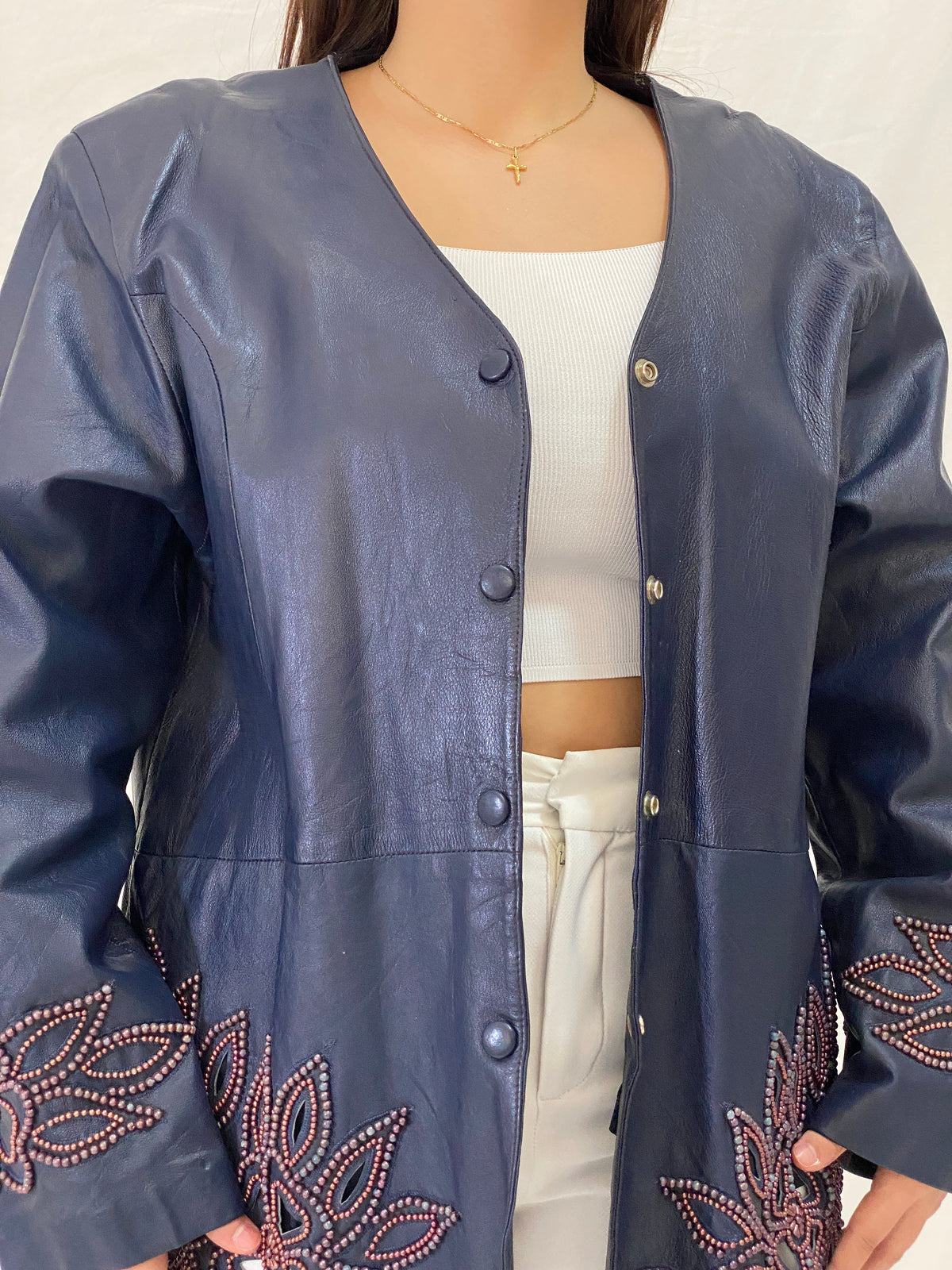 Vintage KOSHAR Genuine Leather Duster Coat Navy Beaded Cut-Out Floral Jacket - XL Vintage KOSHAR Genuine Leather Duster Coat Navy Beaded Cut-Out Floral Jacket - XL