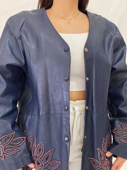 Vintage KOSHAR Genuine Leather Duster Coat Navy Beaded Cut-Out Floral Jacket - XL