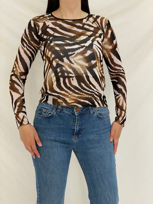 Vintage Pinto de Castro Brown Zebra Print Mesh Long Sleeve Top – M