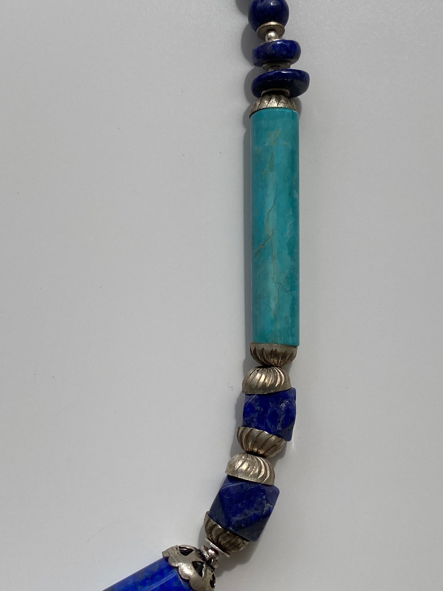 Vintage Lapis Lazuli & Turquoise Stone Beaded Necklace with Silver Spacers