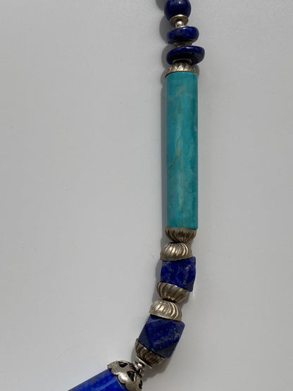Vintage Lapis Lazuli & Turquoise Stone Beaded Necklace with Silver Spacers