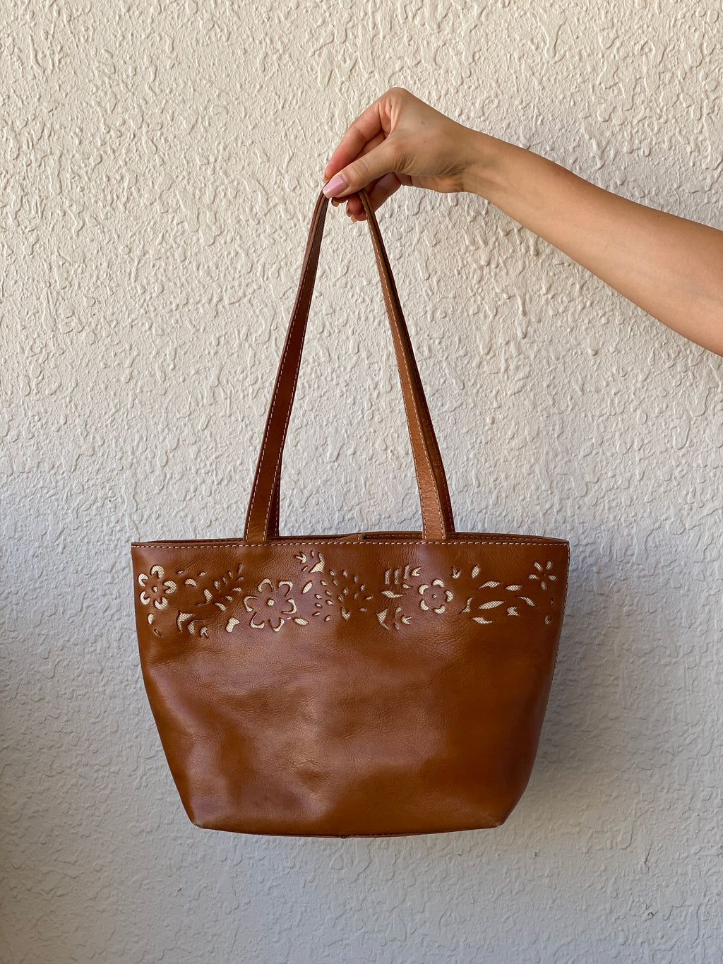 Genuine Leather Floral Perforated Design Shoulder Tote Bag