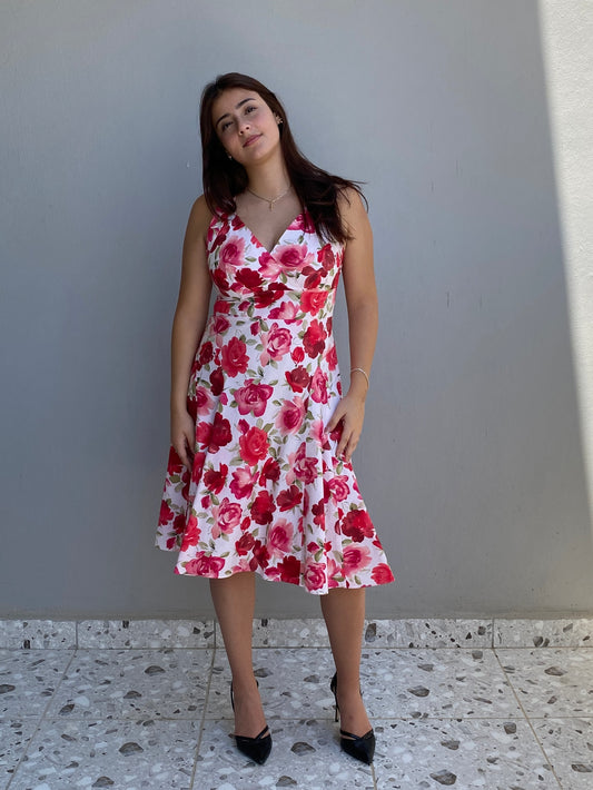 Vintage Talbots Petites White & Pink Cotton Rose Floral Halter Midi Dress – M