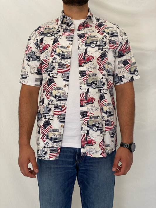 Vintage Boca Classics Americana Classic Cars & USA Flag Print Cotton Button-Down Shirt - L
