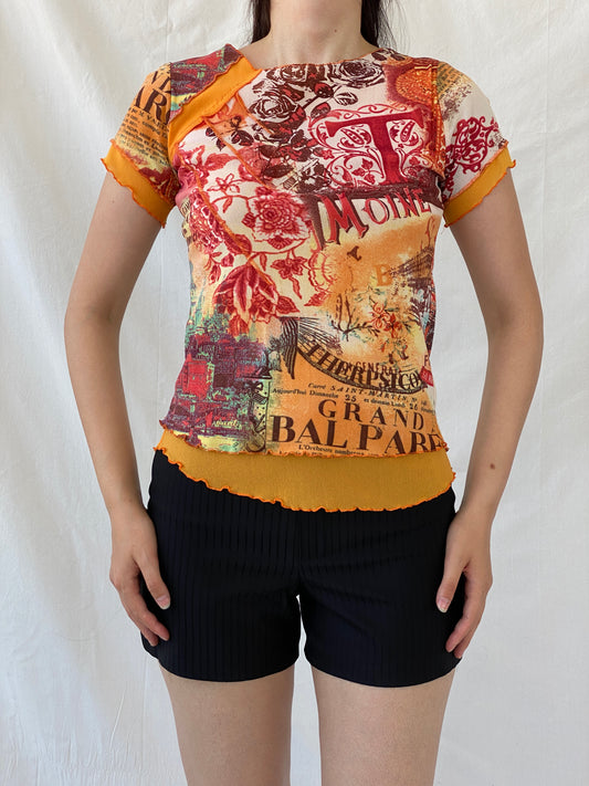 Vintage Fozmul Mesh Graphic Red Orange Short Sleeve Top - M