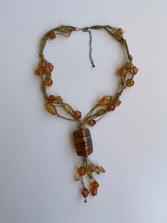 Vintage Y2K Amber Brown Beaded Multi-Strand Cord Pendant Tassel Necklace