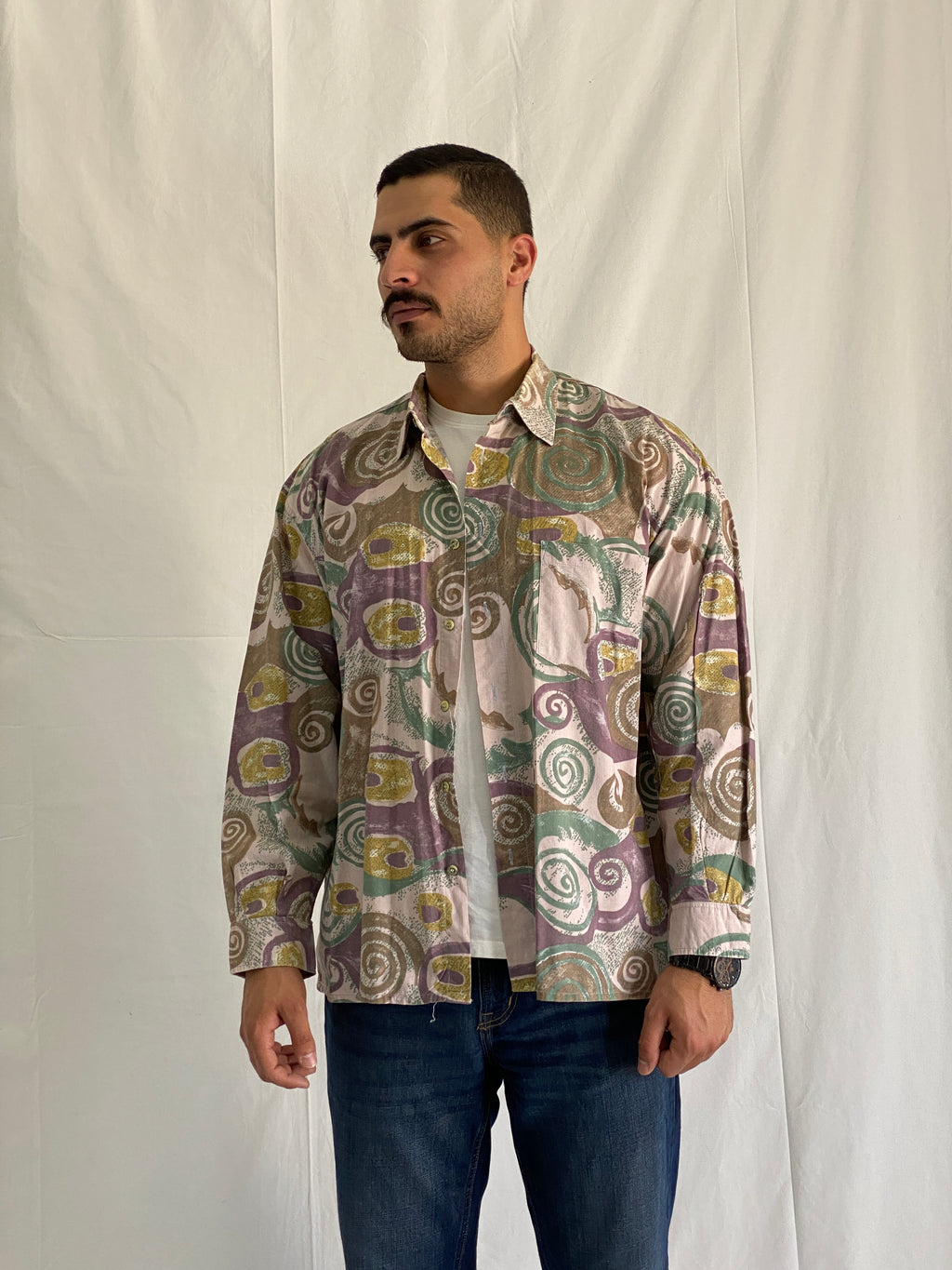 Vintage John F. Gee 90s Abstract Swirl Men’s Long Sleeve Shirt – XL