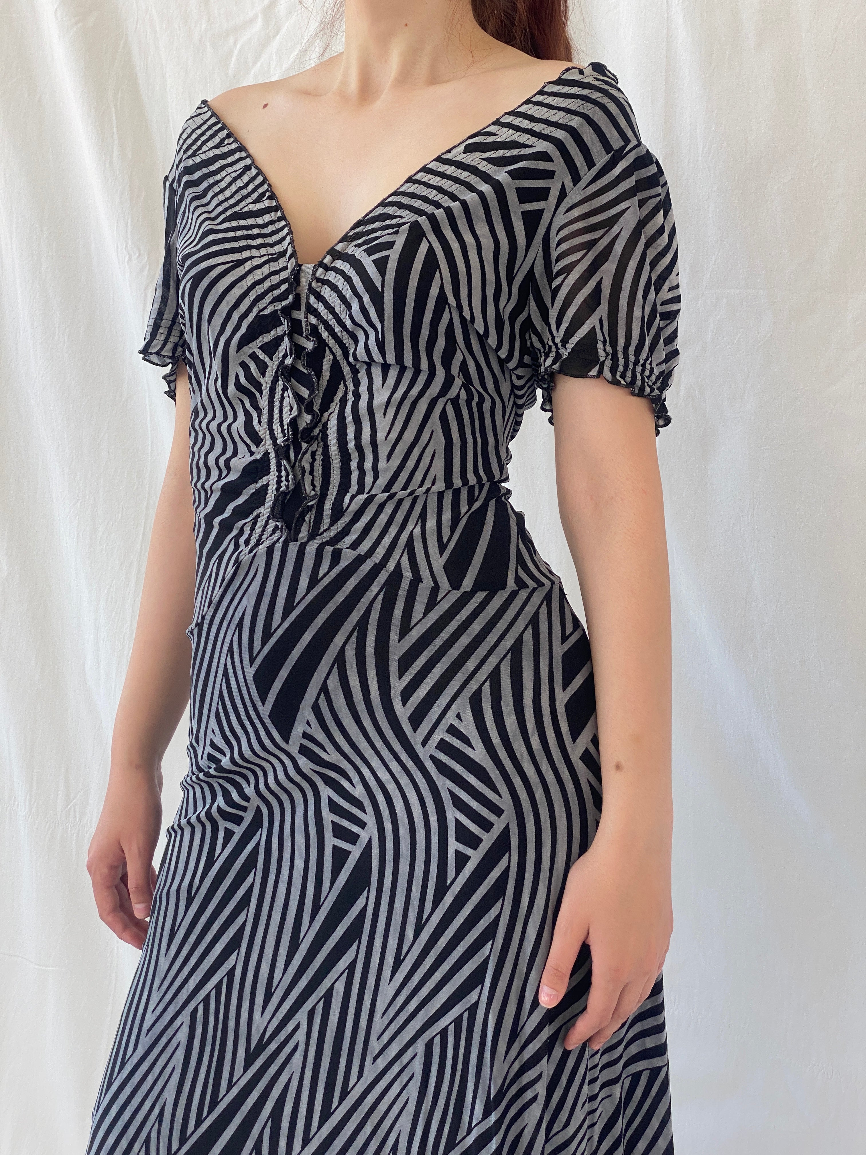 Vintage Jimmy Jean Australia Black Gray Zebra Print Midi Dress - M